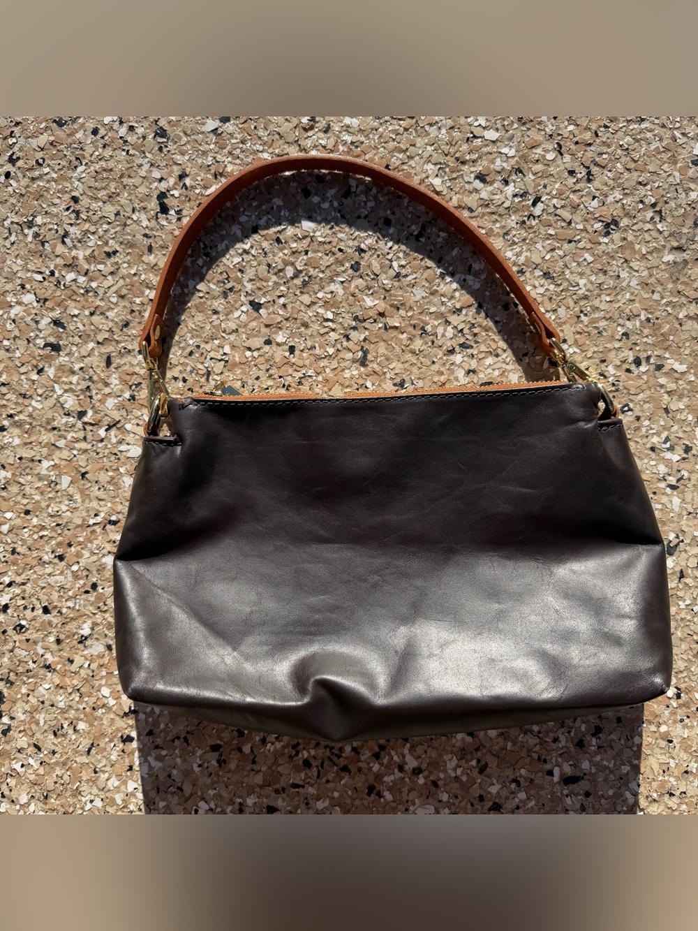 Valentina Dark Brown Leather Shoulder Bag with Tan Handle